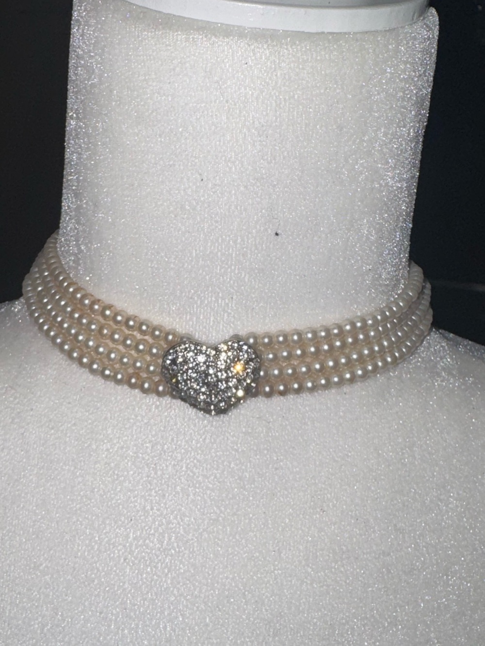 Pearl Multi Strand Choker Necklace with Rhinestone Heart elegant refined classy